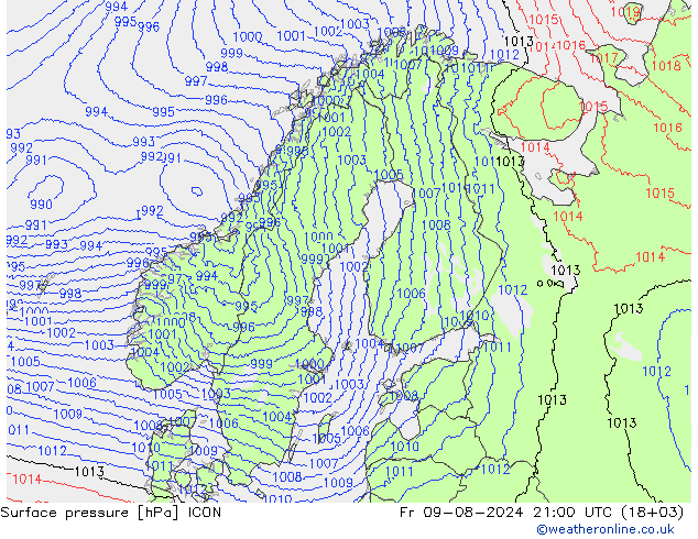 地面气压 ICON 星期五 09.08.2024 21 UTC