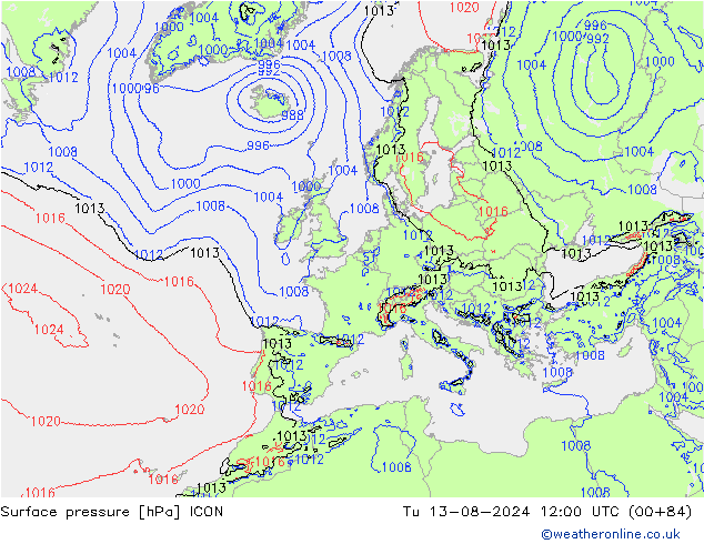 地面气压 ICON 星期二 13.08.2024 12 UTC