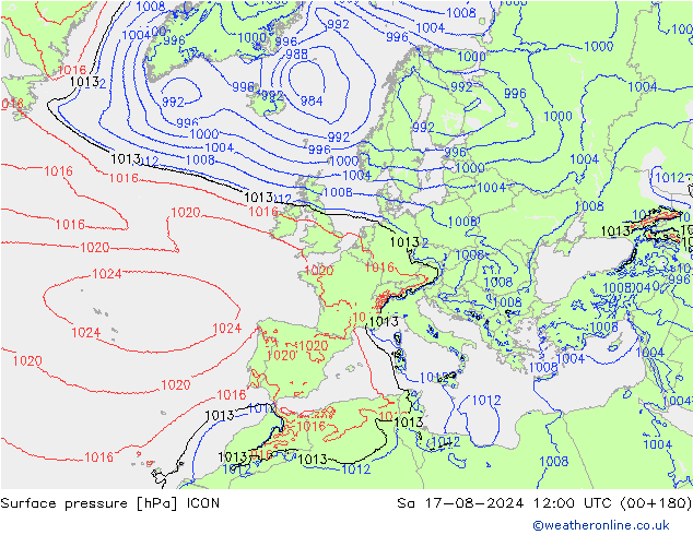 地面气压 ICON 星期六 17.08.2024 12 UTC