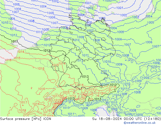 Luchtdruk (Grond) ICON zo 18.08.2024 00 UTC