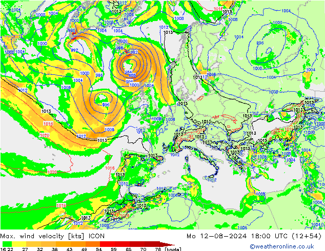 Max. wind velocity ICON 星期一 12.08.2024 18 UTC