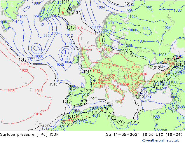 地面气压 ICON 星期日 11.08.2024 18 UTC