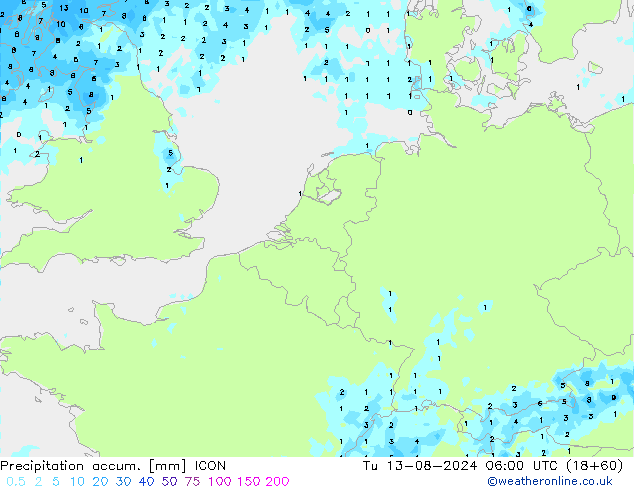 Precipitation accum. ICON 星期二 13.08.2024 06 UTC