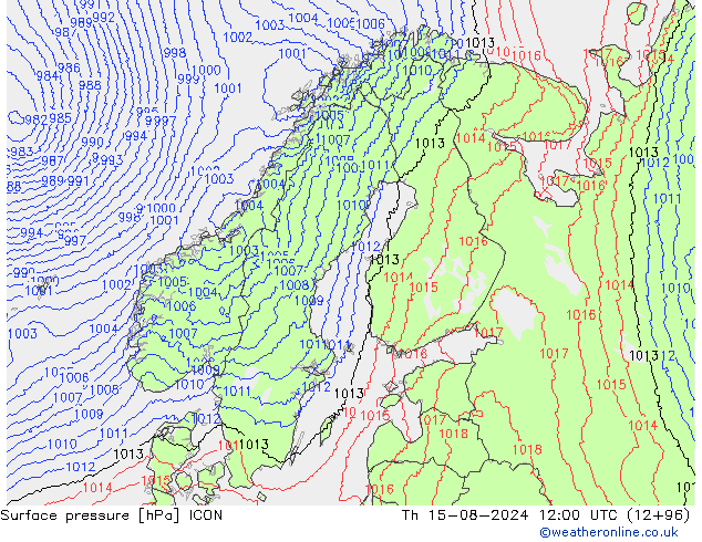 地面气压 ICON 星期四 15.08.2024 12 UTC