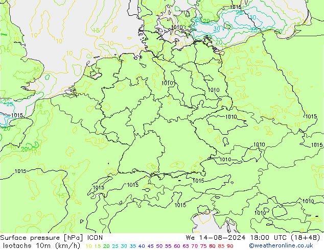 10米等风速线 (kph) ICON 星期三 14.08.2024 18 UTC