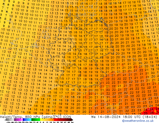 Hoogte/Temp. 850 hPa ICON wo 14.08.2024 18 UTC