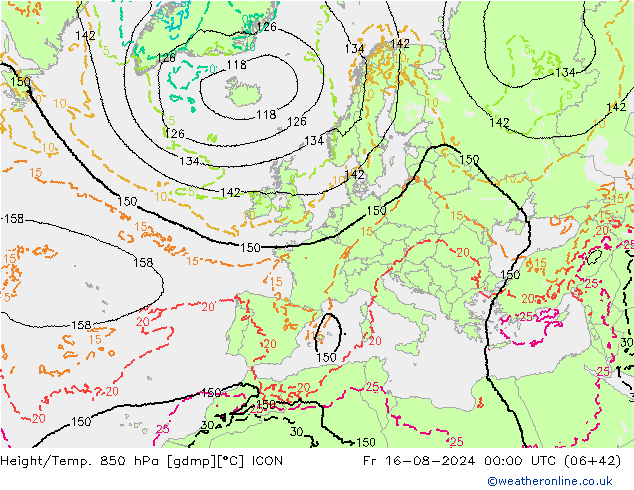 Hoogte/Temp. 850 hPa ICON vr 16.08.2024 00 UTC