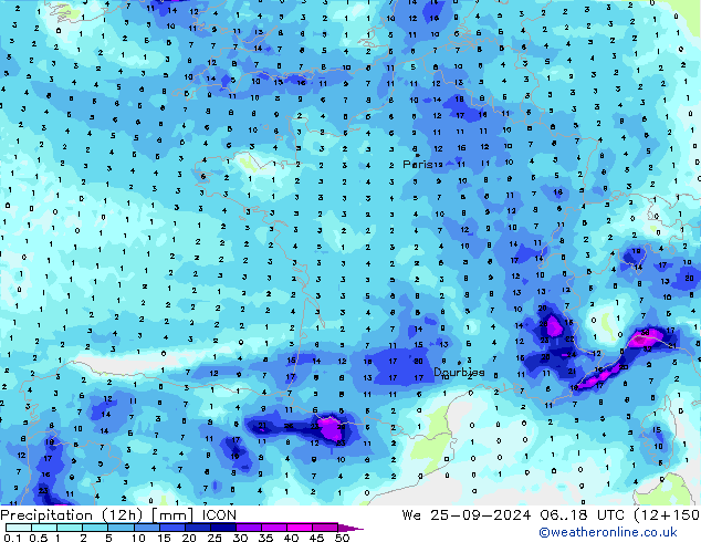 Totale neerslag (12h) ICON wo 25.09.2024 18 UTC