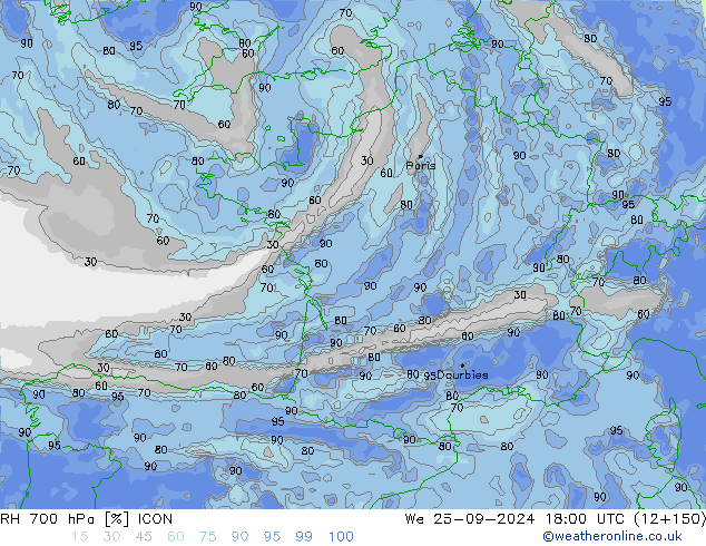 RH 700 hPa ICON We 25.09.2024 18 UTC