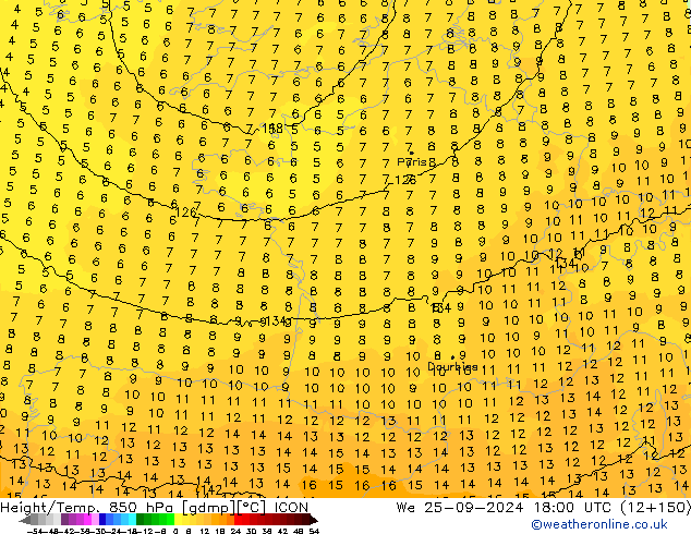 Hoogte/Temp. 850 hPa ICON wo 25.09.2024 18 UTC