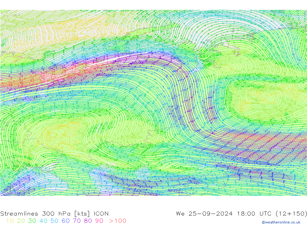 Streamlines 300 hPa ICON We 25.09.2024 18 UTC