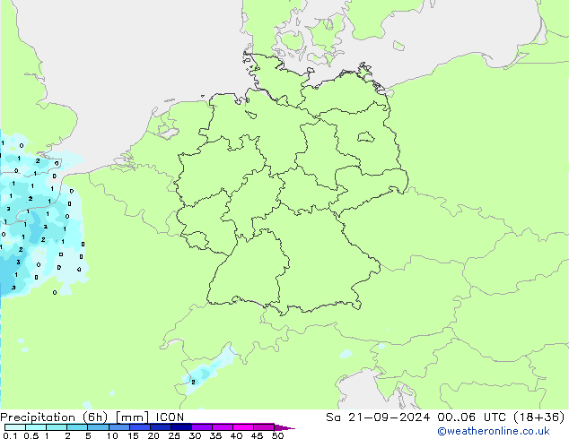 Totale neerslag (6h) ICON za 21.09.2024 06 UTC