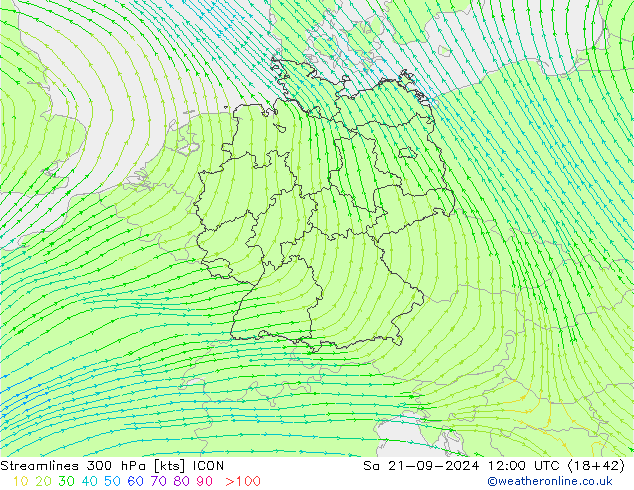 Linea di flusso 300 hPa ICON sab 21.09.2024 12 UTC