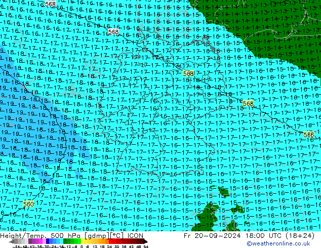 Height/Temp. 500 hPa ICON Fr 20.09.2024 18 UTC