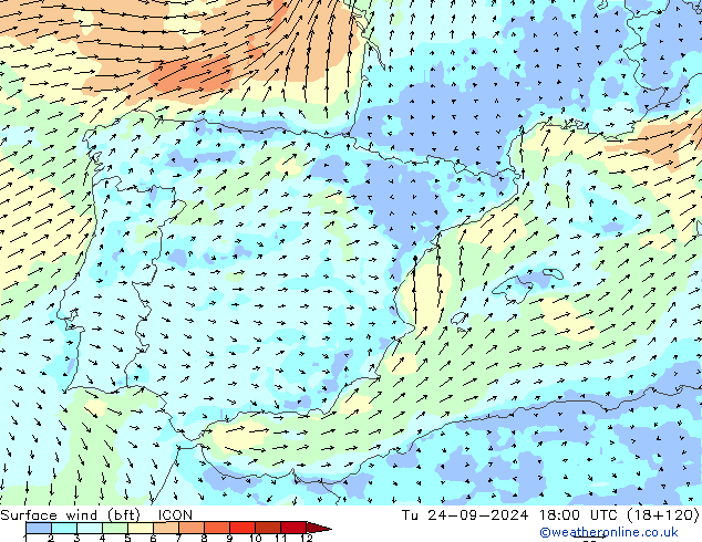 Wind 10 m (bft) ICON di 24.09.2024 18 UTC