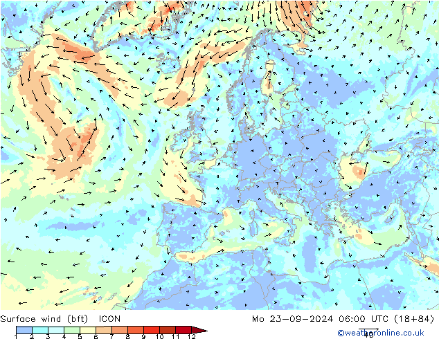 Bodenwind (bft) ICON Mo 23.09.2024 06 UTC