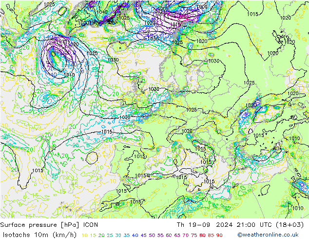 Isotachs (kph) ICON jeu 19.09.2024 21 UTC