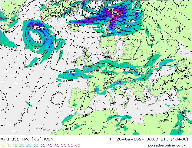 Viento 850 hPa ICON vie 20.09.2024 00 UTC