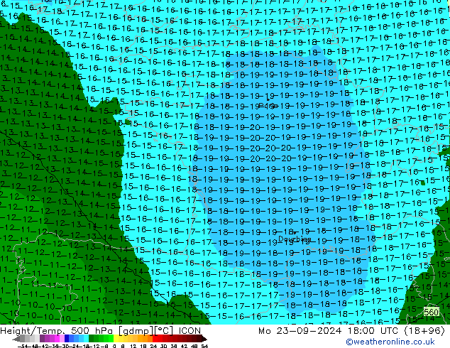 Height/Temp. 500 hPa ICON Mo 23.09.2024 18 UTC