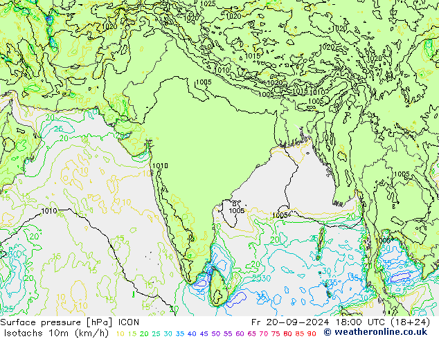 Isotachen (km/h) ICON Fr 20.09.2024 18 UTC