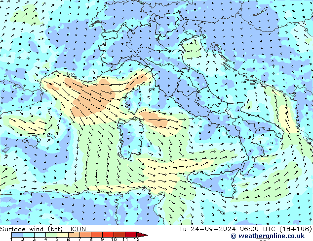 Bodenwind (bft) ICON Di 24.09.2024 06 UTC