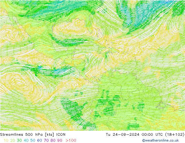 Ligne de courant 500 hPa ICON mar 24.09.2024 00 UTC