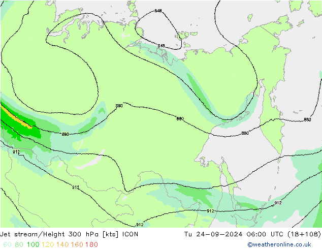 Jet stream/Height 300 hPa ICON Tu 24.09.2024 06 UTC