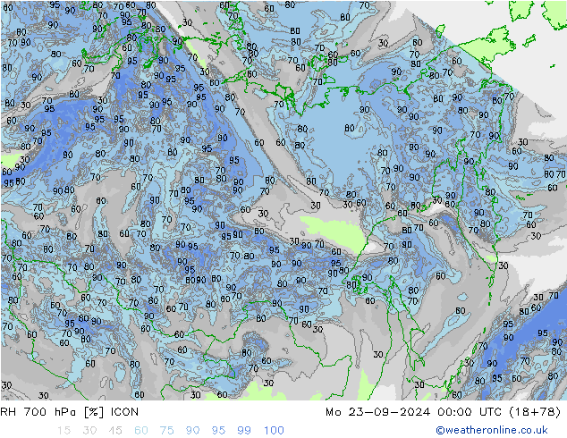 RH 700 hPa ICON pon. 23.09.2024 00 UTC