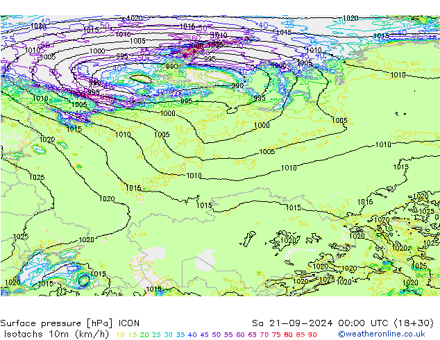 Isotachs (kph) ICON сб 21.09.2024 00 UTC