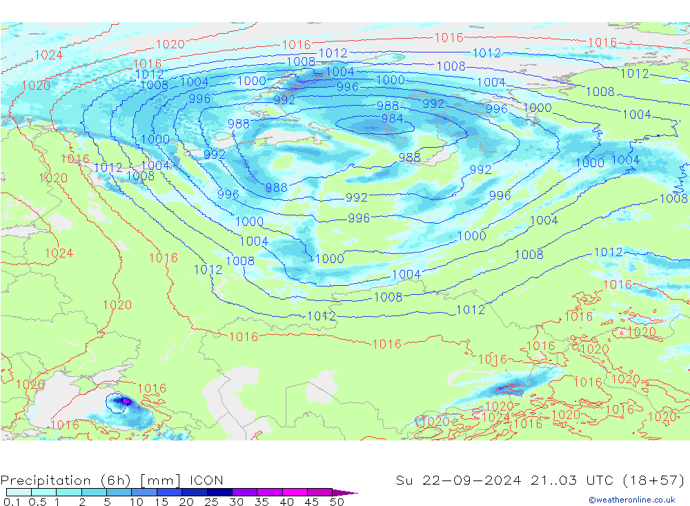 Totale neerslag (6h) ICON zo 22.09.2024 03 UTC