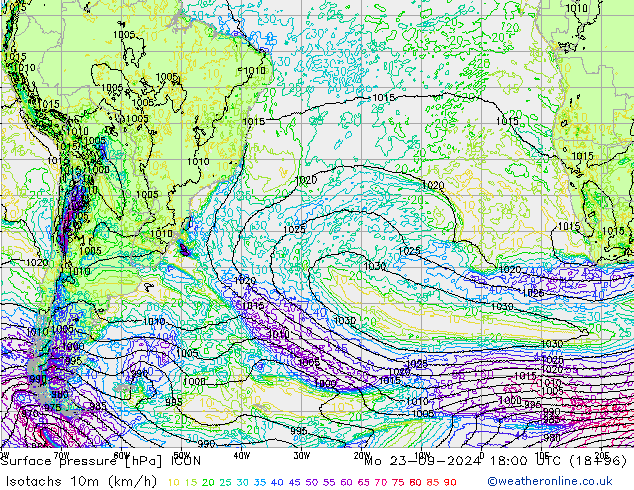 Isotachs (kph) ICON пн 23.09.2024 18 UTC