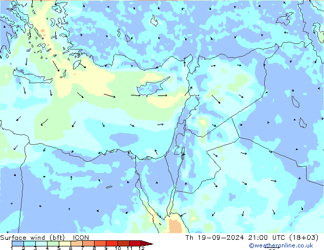 Surface wind (bft) ICON Čt 19.09.2024 21 UTC