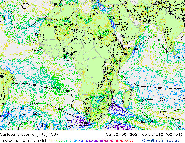 Izotacha (km/godz) ICON nie. 22.09.2024 03 UTC