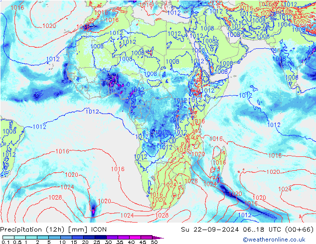 Totale neerslag (12h) ICON zo 22.09.2024 18 UTC