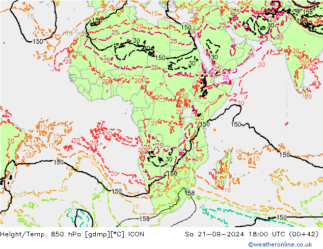 Height/Temp. 850 hPa ICON Sa 21.09.2024 18 UTC