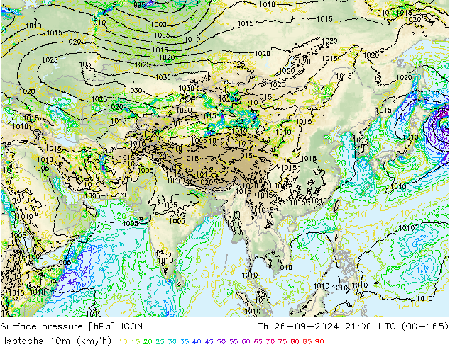 Isotachs (kph) ICON чт 26.09.2024 21 UTC