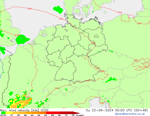 Max. wind velocity ICON  22.09.2024 00 UTC