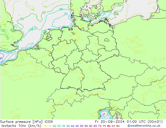 Eşrüzgar Hızları (km/sa) ICON Cu 20.09.2024 01 UTC