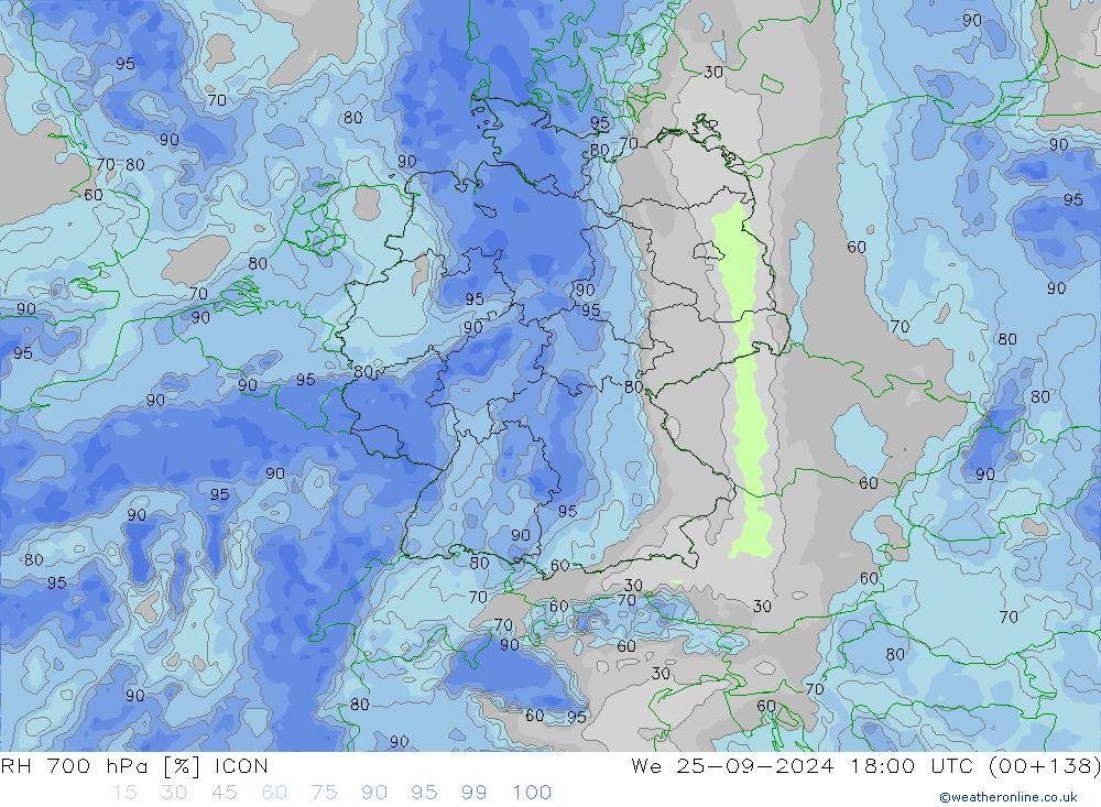 RH 700 hPa ICON  25.09.2024 18 UTC