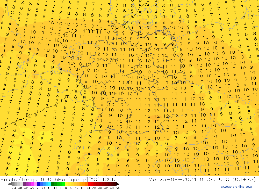 Yükseklik/Sıc. 850 hPa ICON Pzt 23.09.2024 06 UTC