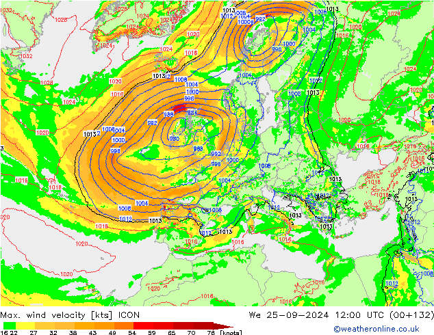 Max. wind velocity ICON We 25.09.2024 12 UTC