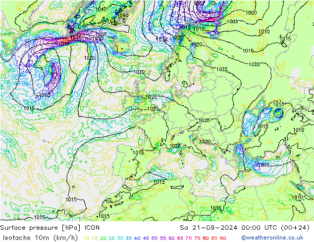 Isotachen (km/h) ICON Sa 21.09.2024 00 UTC