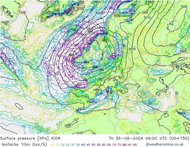 Isotachs (kph) ICON Qui 26.09.2024 06 UTC