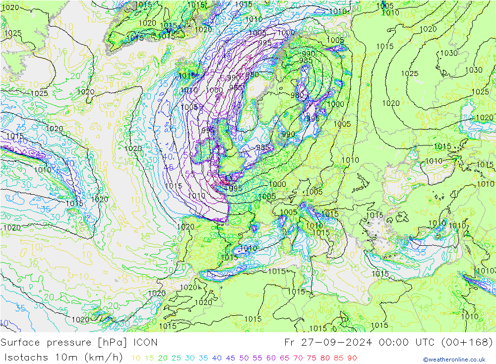 Isotachs (kph) ICON Pá 27.09.2024 00 UTC