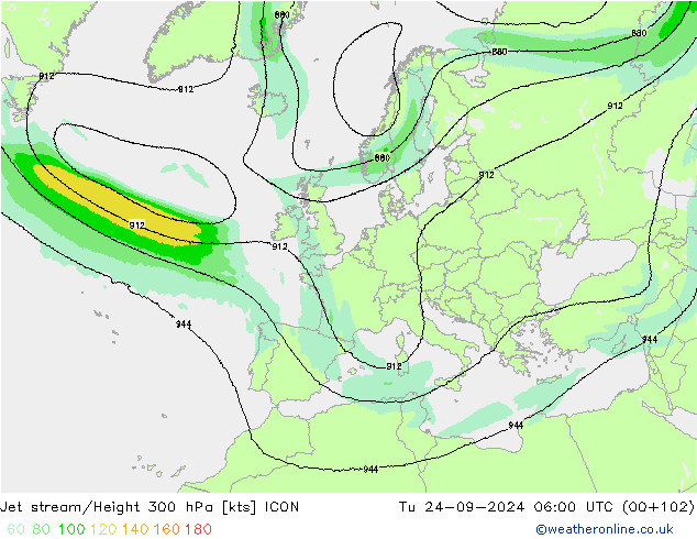 Jet stream/Height 300 hPa ICON Tu 24.09.2024 06 UTC