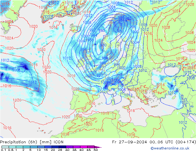 Precipitation (6h) ICON Fr 27.09.2024 06 UTC