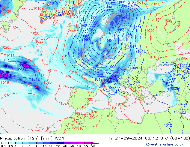 Precipitation (12h) ICON Fr 27.09.2024 12 UTC