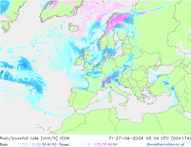 Rain/Snowfall rate ICON Fr 27.09.2024 06 UTC