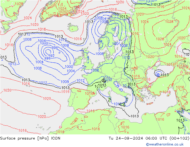 Surface pressure ICON Tu 24.09.2024 06 UTC