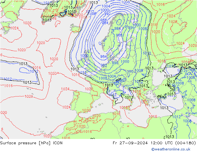 Surface pressure ICON Fr 27.09.2024 12 UTC